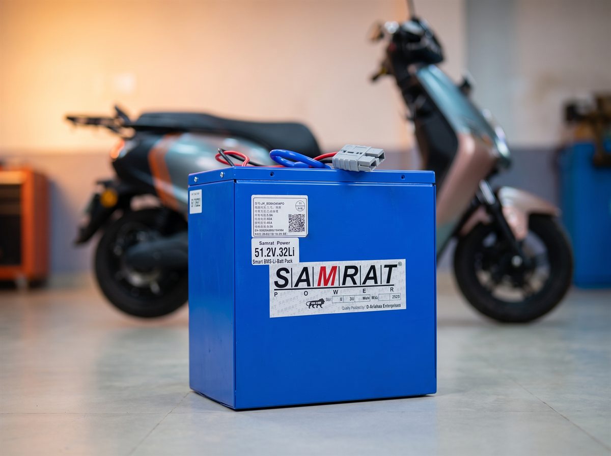 Samrat Power LFP e-scooty battery in front of an electric scooter