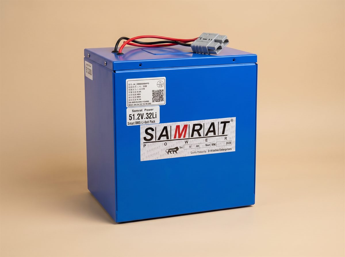 Samrat Power LFP e-scooty battery in front of an electric scooter